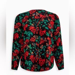 Torrid Harper Black Floral Pintuck Button Down Long Sleeve Shirt